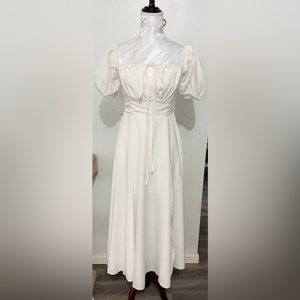 Elegant White Square Neck Puff Sleeve Dress Wedding Special Function Showers